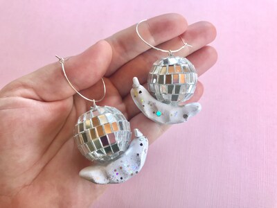 Disco Snail Earrings, Cottagecore earrings, Snail Jewelry, unique earrings, Quirky earring, funky earrings, cool earrings, weird earrings - image1